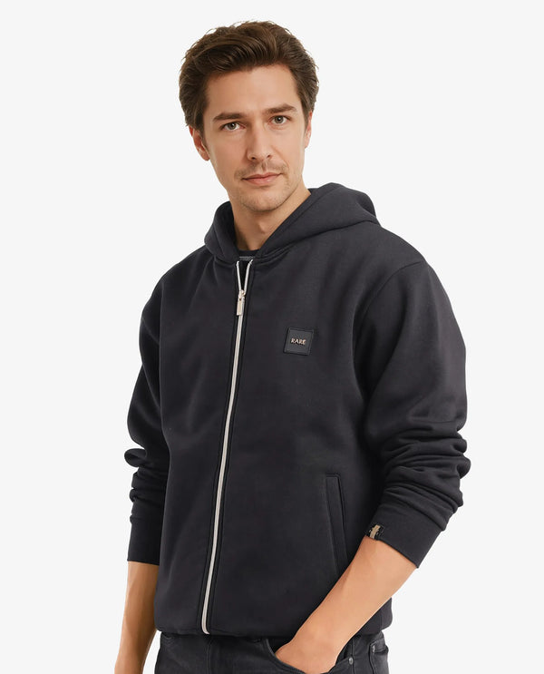 Rare Rabbit Men Anderson-2 Black Full Sleeve Hooded Zipper Closure Plain Sweatshirt