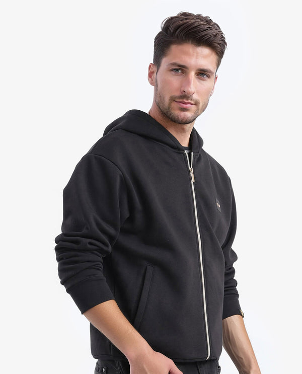 Rare Rabbit Men Anderson-2 Black Full Sleeve Hooded Zipper Closure Plain Sweatshirt