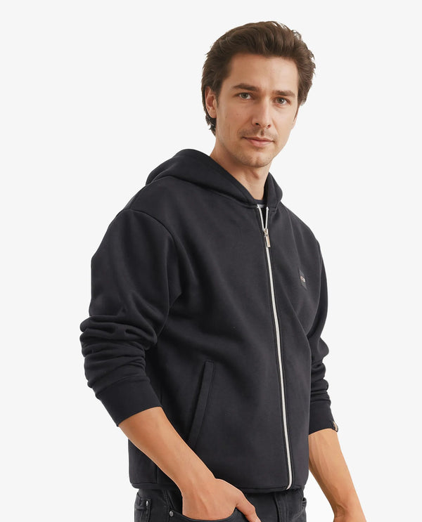 Rare Rabbit Men Anderson-2 Black Full Sleeve Hooded Zipper Closure Plain Sweatshirt