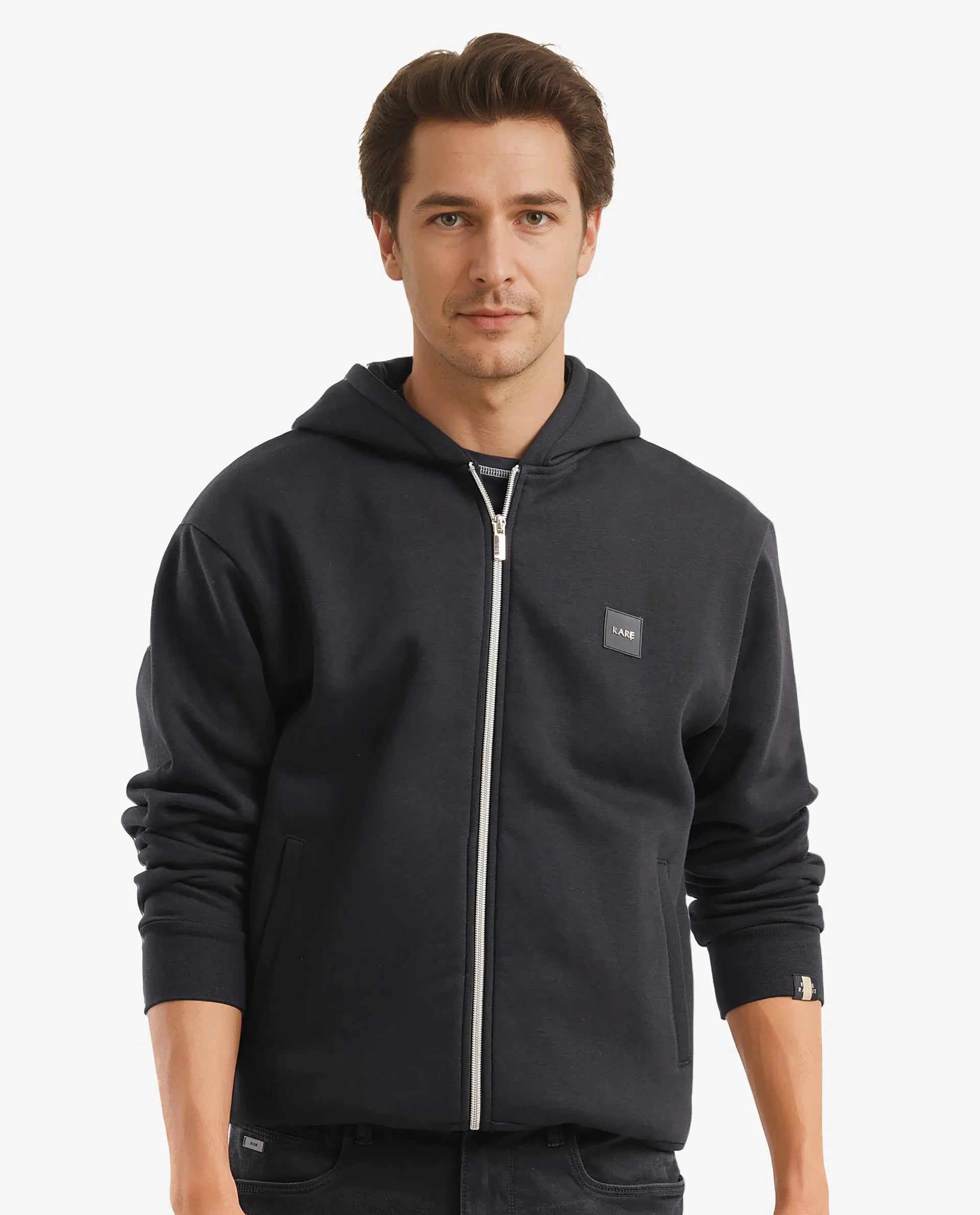 Rare Rabbit Men Anderson-2 Black Full Sleeve Hooded Zipper Closure Plain Sweatshirt