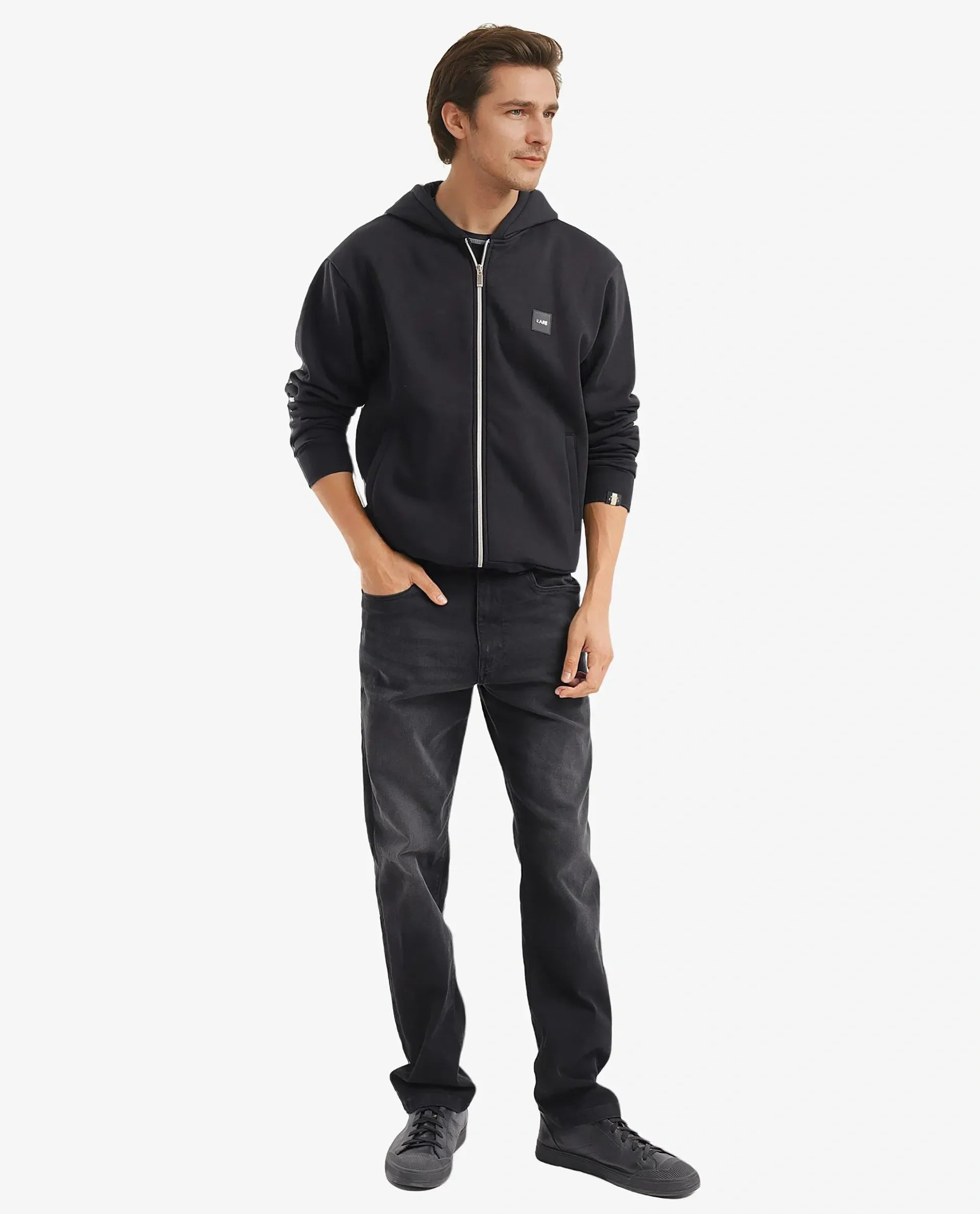 Rare Rabbit Men Anderson-2 Black Full Sleeve Hooded Zipper Closure Plain Sweatshirt
