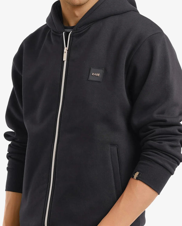 Rare Rabbit Men Anderson-2 Black Full Sleeve Hooded Zipper Closure Plain Sweatshirt