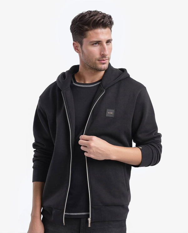 Rare Rabbit Men Anderson-2 Black Full Sleeve Hooded Zipper Closure Plain Sweatshirt