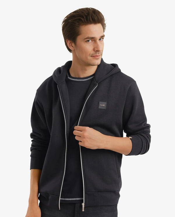 Rare Rabbit Men Anderson-2 Black Full Sleeve Hooded Zipper Closure Plain Sweatshirt