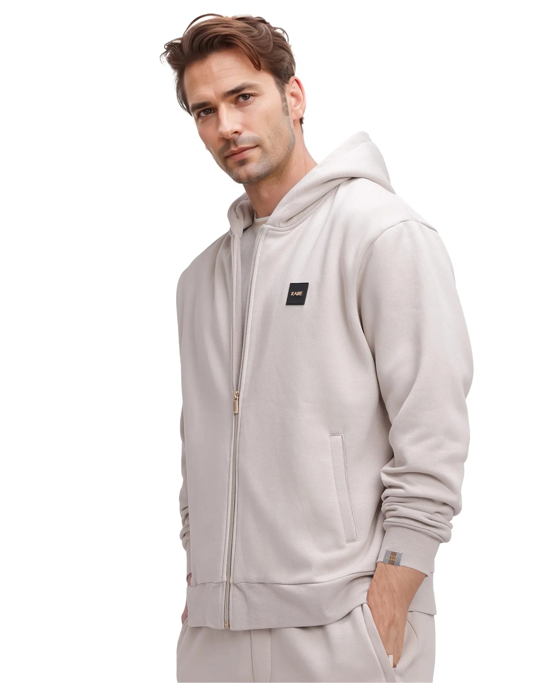 Rare Rabbit Men Anderson-2 Off White Full Sleeve Hooded Zipper Closure Plain Sweatshirt