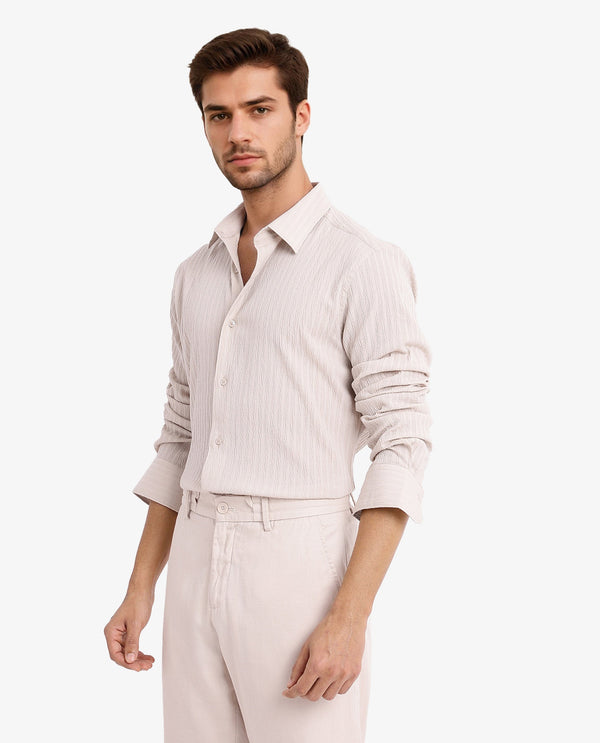 Rare Rabbit Men's Anemo Beige Cotton Fabric Full Sleeves Striped Shirt