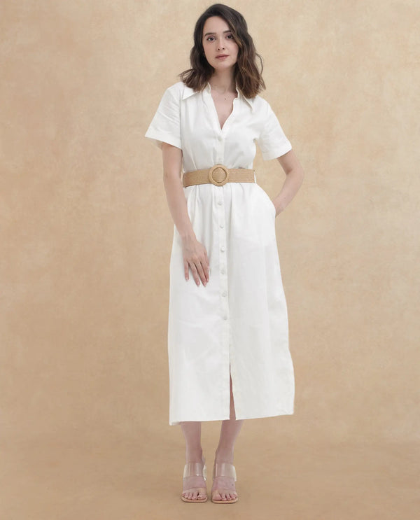 Rareism Women Ania White Cotton Fabric Short Sleeve Collared Neck Solid Regular Length Dress