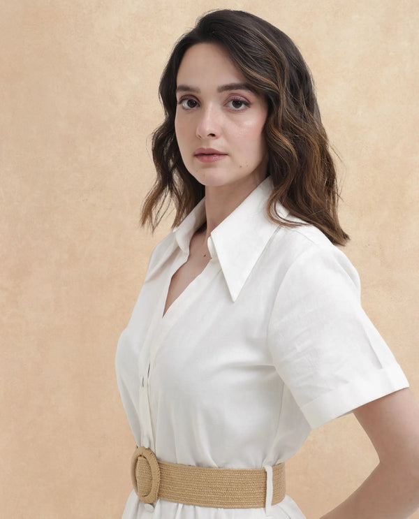 Rareism Women Ania White Cotton Fabric Short Sleeve Collared Neck Solid Regular Length Dress