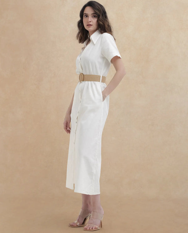 Rareism Women Ania White Cotton Fabric Short Sleeve Collared Neck Solid Regular Length Dress
