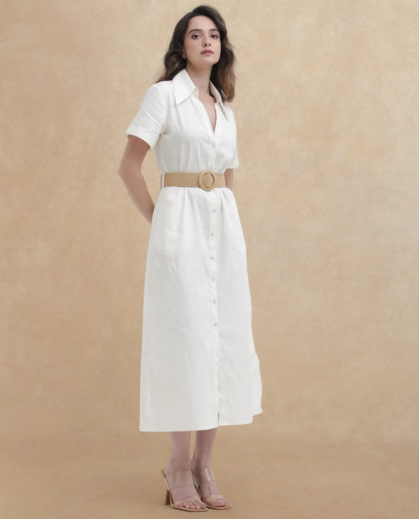 Rareism Women Ania White Cotton Fabric Short Sleeve Collared Neck Solid Regular Length Dress