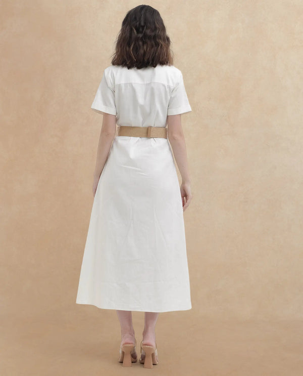 Rareism Women Ania White Cotton Fabric Short Sleeve Collared Neck Solid Regular Length Dress