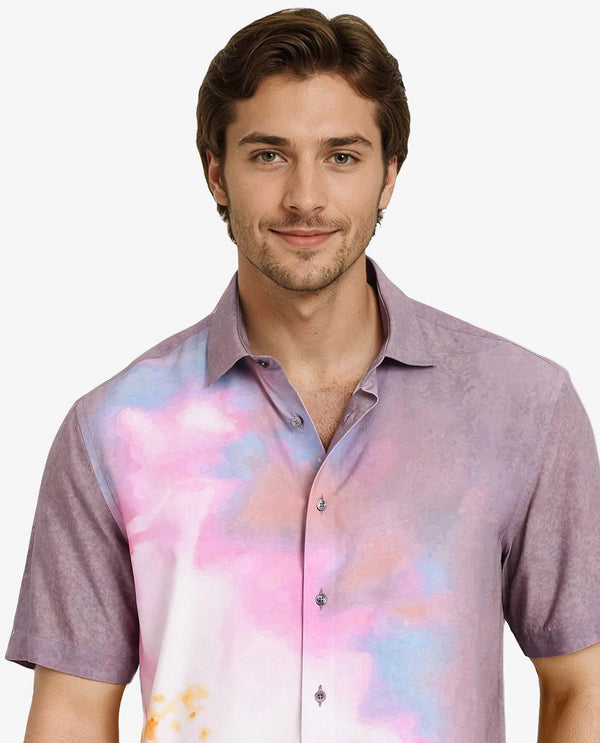 Rare Rabbit Men's Ankaa Grey Viscose Fabric Regular Collar Short Sleeve Abstract Ombre Print Shirt