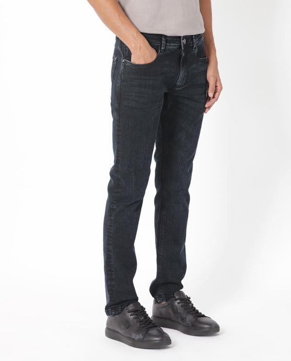 Rare Rabbit Men's Anket Blue Dark Wash Mid-Rise Slim Fit Jeans