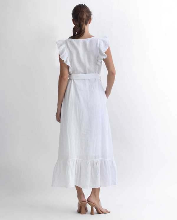 Rareism Women Anne White Linen Fabric Sleeveless Boat Neck Ruffled Sleeves Regular Fit Plain Maxi Empire Dress
