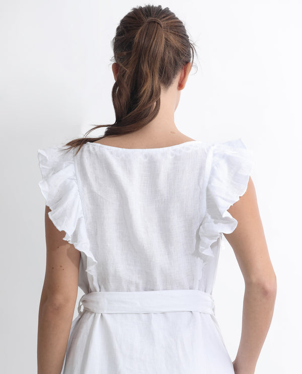 Rareism Women Anne White Linen Fabric Sleeveless Boat Neck Ruffled Sleeves Regular Fit Plain Maxi Empire Dress