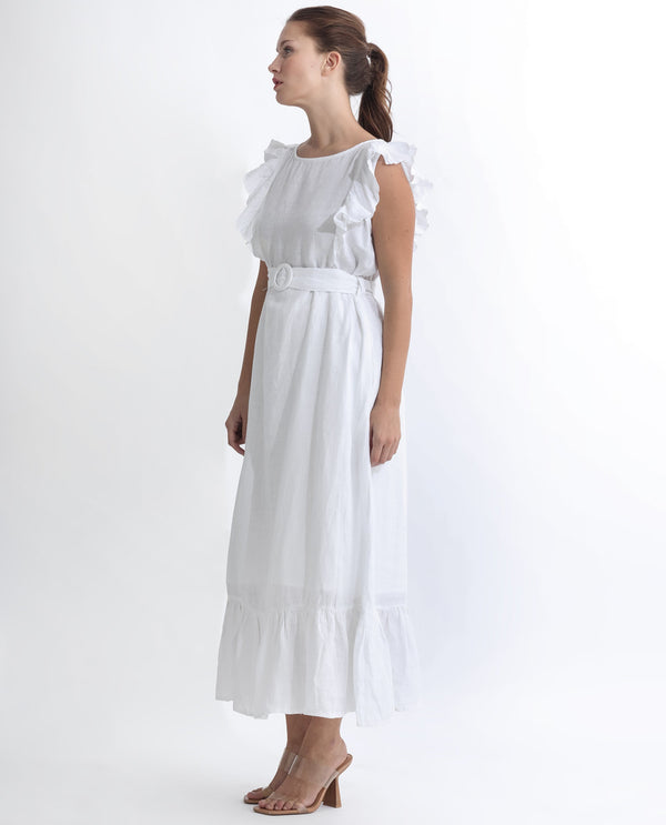 Rareism Women Anne White Linen Fabric Sleeveless Boat Neck Ruffled Sleeves Regular Fit Plain Maxi Empire Dress