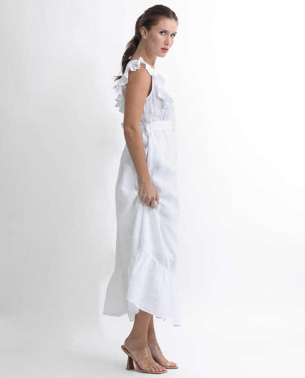 Rareism Women Anne White Linen Fabric Sleeveless Boat Neck Ruffled Sleeves Regular Fit Plain Maxi Empire Dress