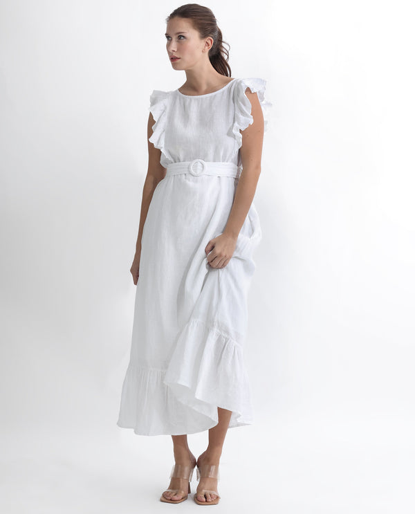 Rareism Women Anne White Linen Fabric Sleeveless Boat Neck Ruffled Sleeves Regular Fit Plain Maxi Empire Dress