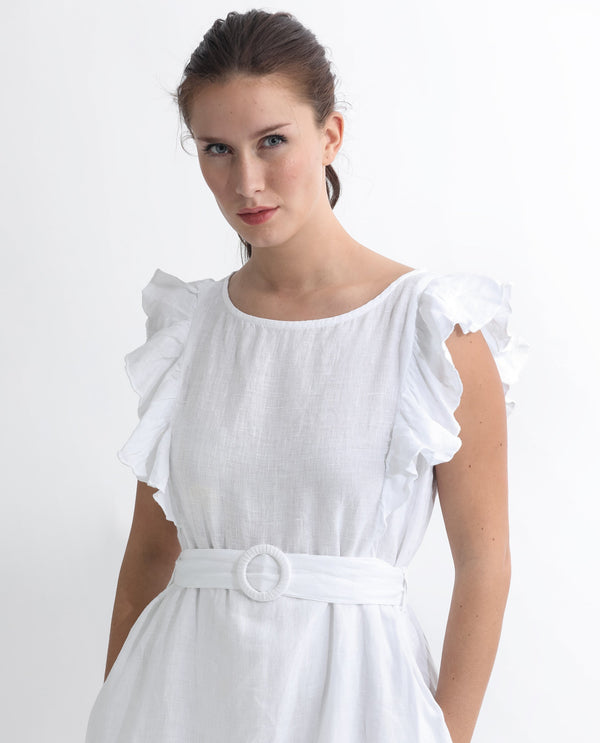 Rareism Women Anne White Linen Fabric Sleeveless Boat Neck Ruffled Sleeves Regular Fit Plain Maxi Empire Dress