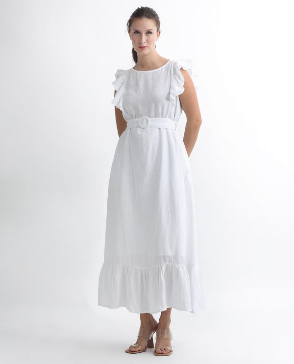 Rareism Women Anne White Linen Fabric Sleeveless Boat Neck Ruffled Sleeves Regular Fit Plain Maxi Empire Dress