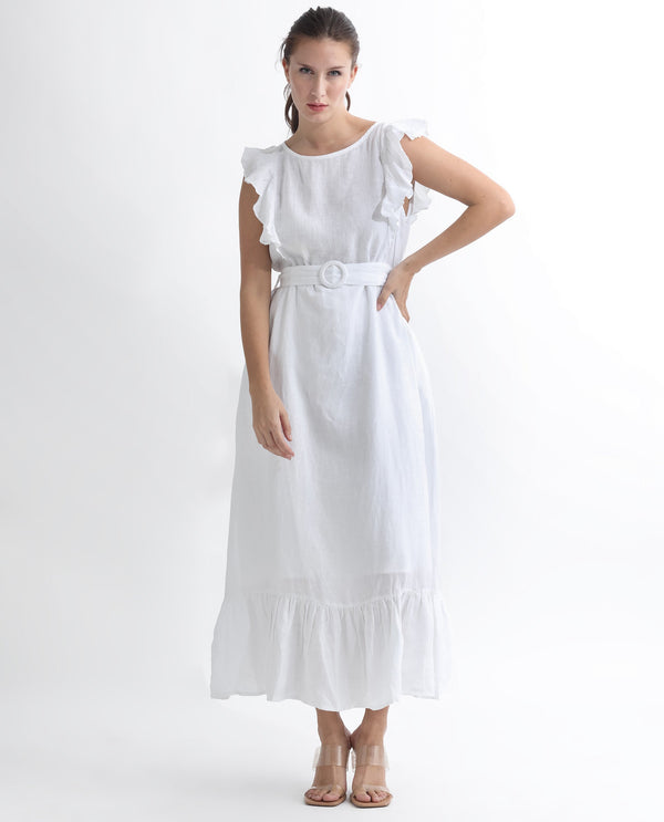 Rareism Women Anne White Linen Fabric Sleeveless Boat Neck Ruffled Sleeves Regular Fit Plain Maxi Empire Dress