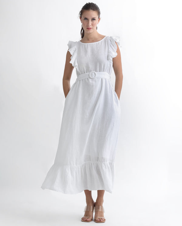 Rareism Women Anne White Linen Fabric Sleeveless Boat Neck Ruffled Sleeves Regular Fit Plain Maxi Empire Dress
