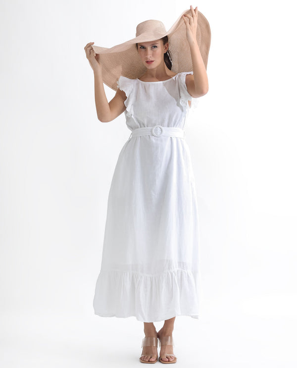 Rareism Women Anne White Linen Fabric Sleeveless Boat Neck Ruffled Sleeves Regular Fit Plain Maxi Empire Dress
