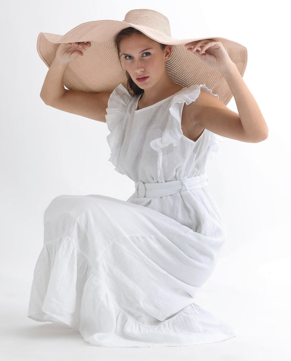 Rareism Women Anne White Linen Fabric Sleeveless Boat Neck Ruffled Sleeves Regular Fit Plain Maxi Empire Dress