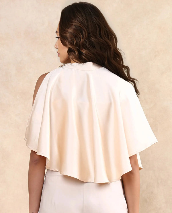 Rareism Women Antali Beige Satin Cape Sleeve High Neck Button Closure Boxy Fit Cropped Plain Jacket