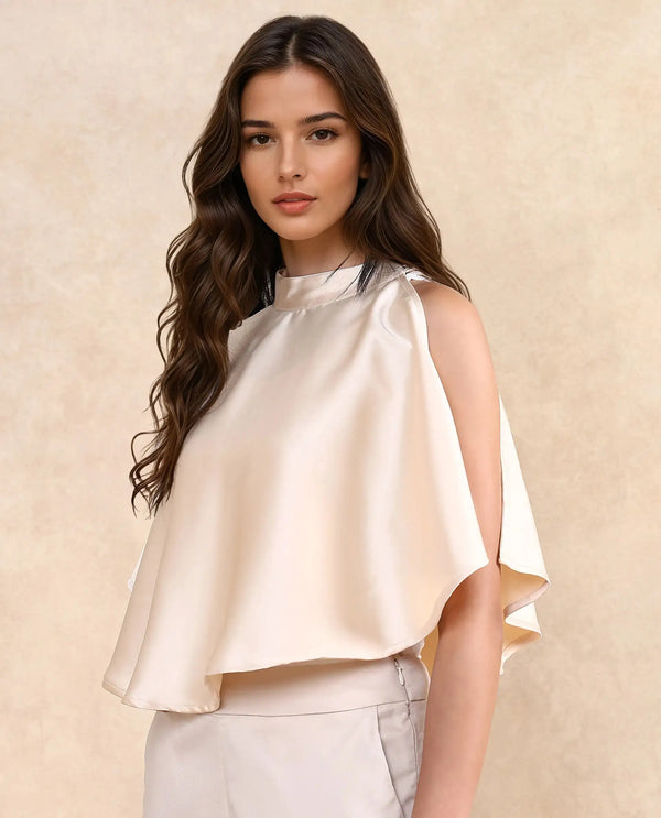 Rareism Women Antali Beige Satin Cape Sleeve High Neck Button Closure Boxy Fit Cropped Plain Jacket
