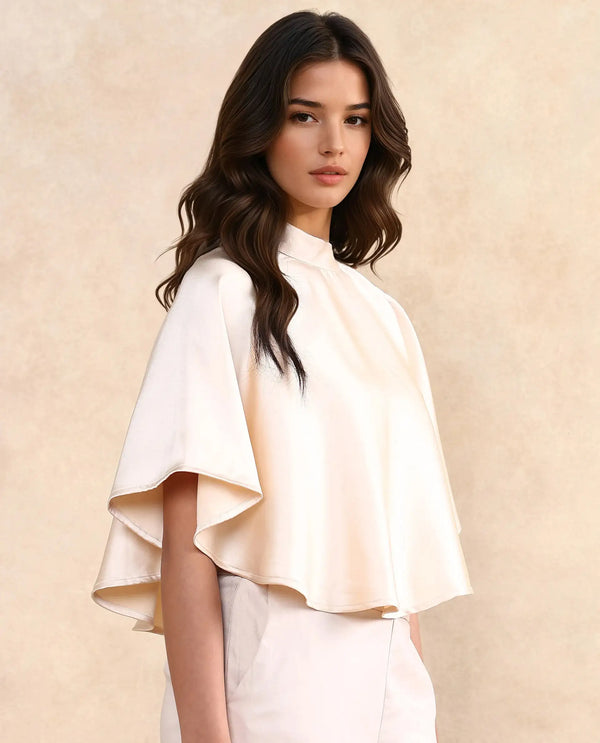 Rareism Women Antali Beige Satin Cape Sleeve High Neck Button Closure Boxy Fit Cropped Plain Jacket