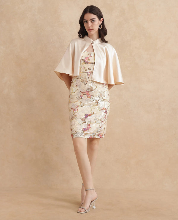 Rareism Women Antali Beige Satin Cape Sleeve High Neck Button Closure Boxy Fit Cropped Plain Jacket
