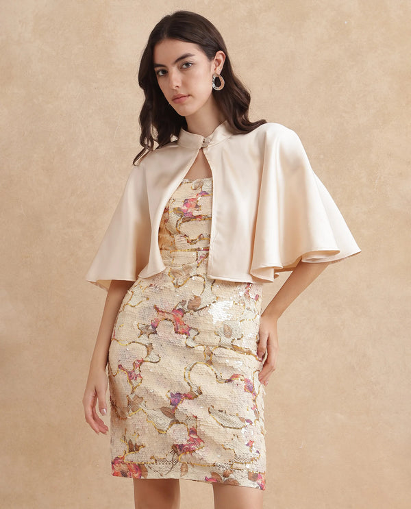 Rareism Women Antali Beige Satin Cape Sleeve High Neck Button Closure Boxy Fit Cropped Plain Jacket