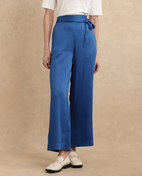 Rareism Women Antela Blue Wide Fit Ankle Length Plain Trouser