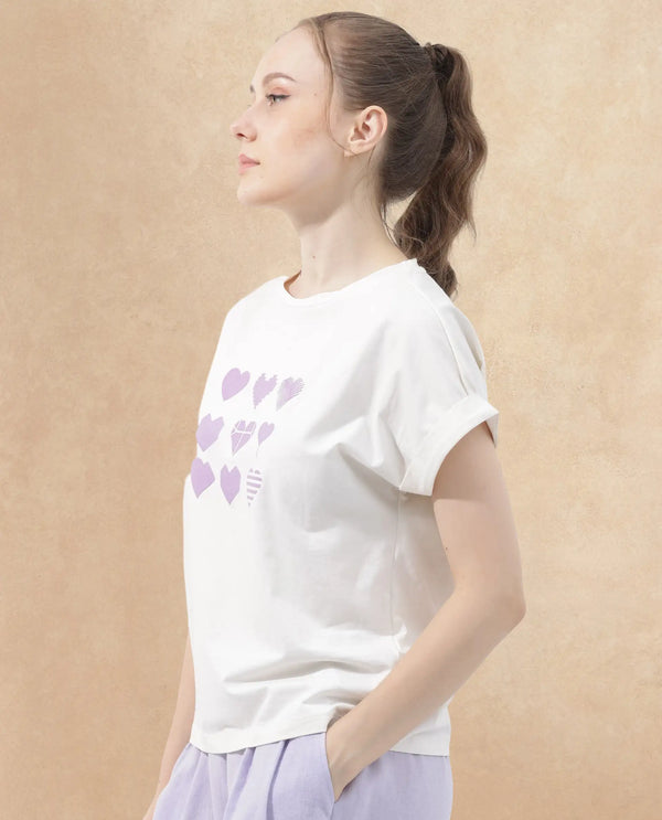 Rareism Women Antilot Off White Cotton Elastane Fabric Crew Neck Knit Solid T-Shirt