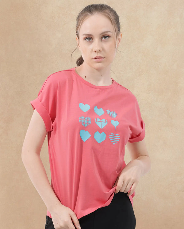 Rareism Women Antilot Peach Cotton Elastane Fabric Crew Neck Knit Solid T-Shirt