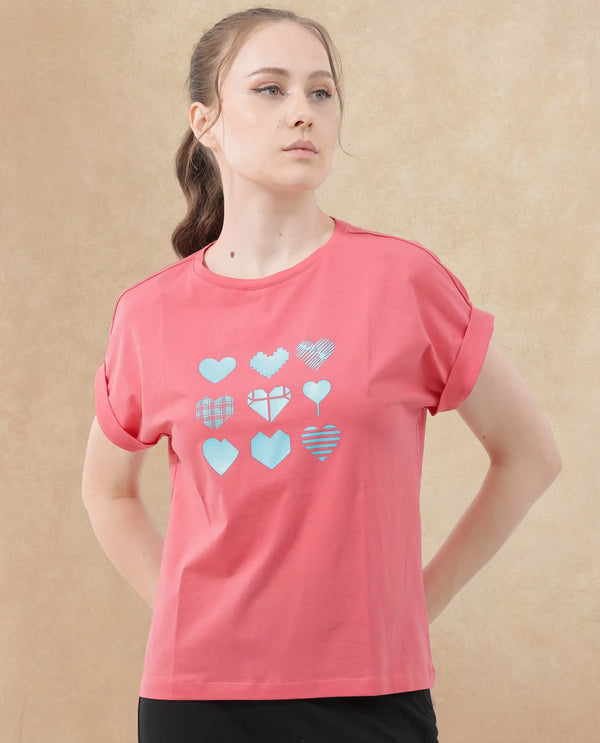 Rareism Women Antilot Peach Cotton Elastane Fabric Crew Neck Knit Solid T-Shirt