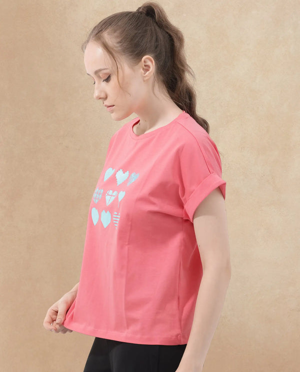 Rareism Women Antilot Peach Cotton Elastane Fabric Crew Neck Knit Solid T-Shirt