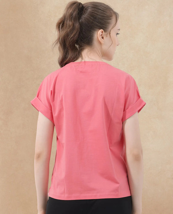 Rareism Women Antilot Peach Cotton Elastane Fabric Crew Neck Knit Solid T-Shirt