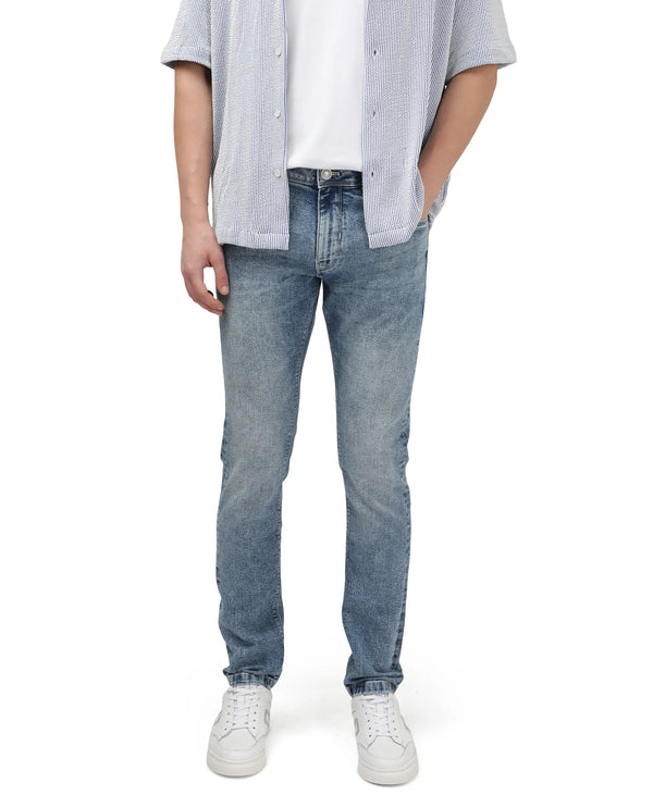 Rare Rabbit Men Anton Light Blue Cotton Polyester Fabric Mid Wash Slim Fit Plain Denim Pant