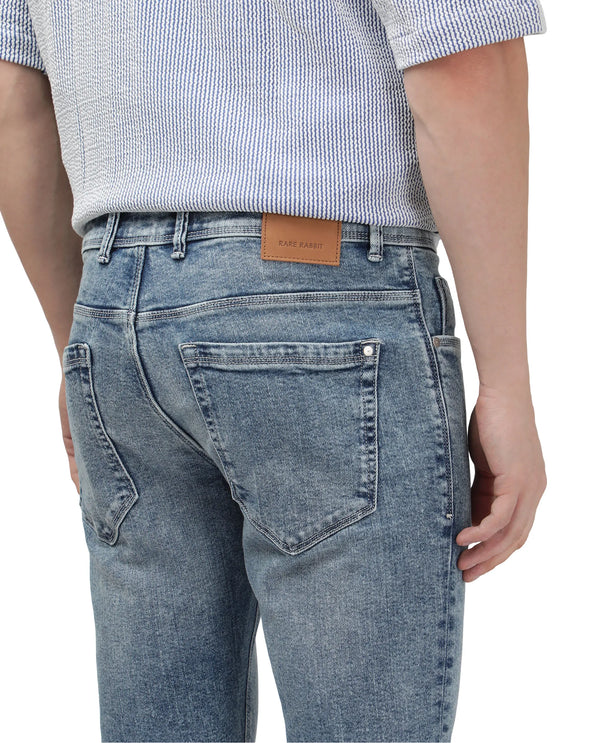 Rare Rabbit Men Anton Light Blue Cotton Polyester Fabric Mid Wash Slim Fit Plain Denim Pant