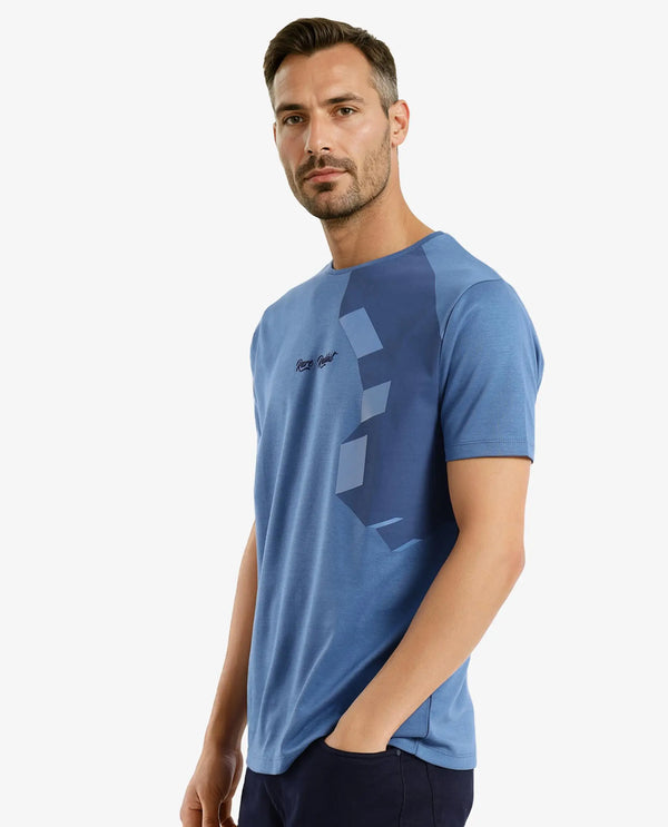 Rare Rabbit Men Antu Blue Cotton Polyester Fabric Short Sleeve Crew Neck Logo Print T-Shirt