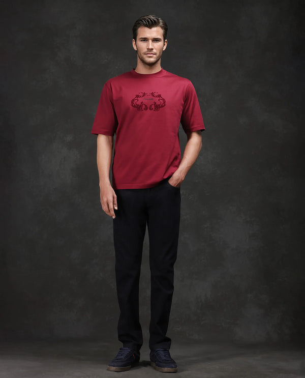 Rare Rabbit Men Aon Dark Red Cotton Fabric Short Sleeve Crew Neck Barcelone Fit Flock Print T-Shirt