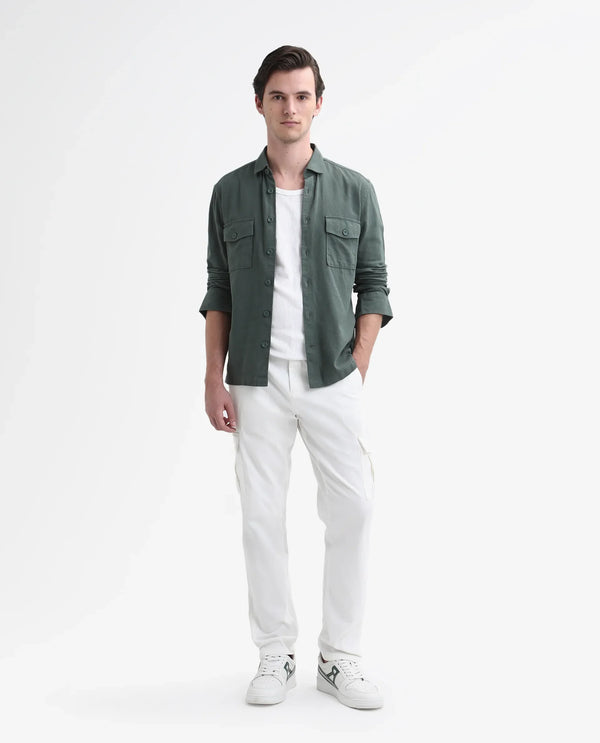 Rare Rabbit Mens Apex Light White Cotton Linen Solid Cargo Style Regular Fit Trouser