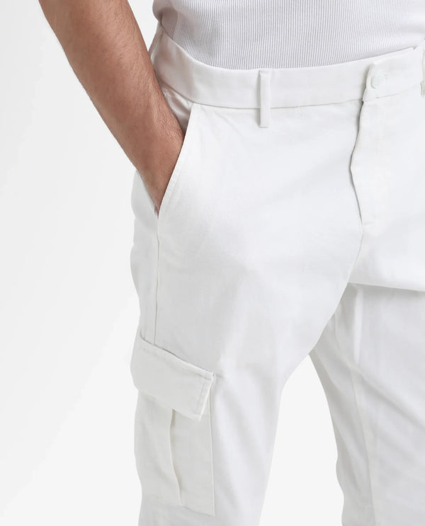 Rare Rabbit Mens Apex Light White Cotton Linen Solid Cargo Style Regular Fit Trouser