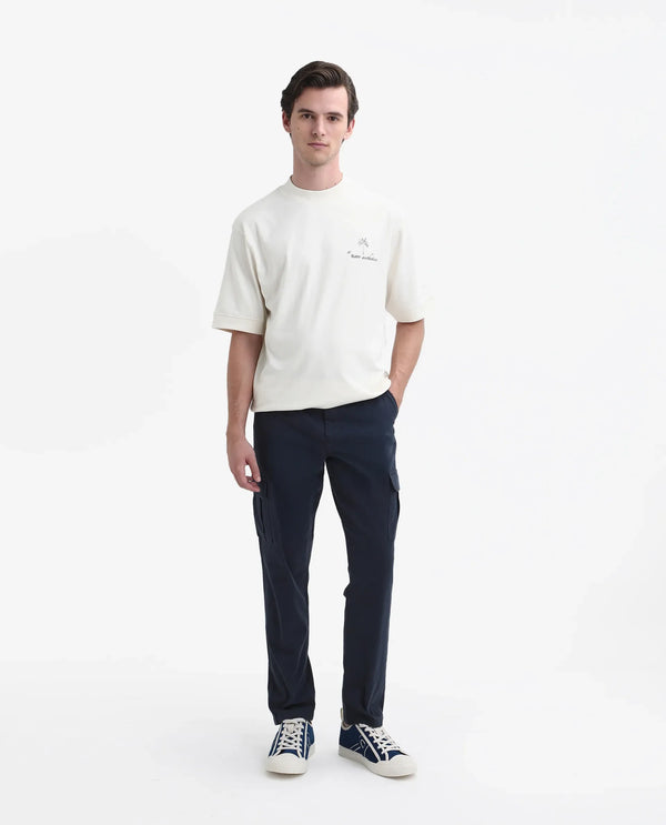 Rare Rabbit Mens Apex Navy Cotton Linen Solid Cargo Style Regular Fit Trouser