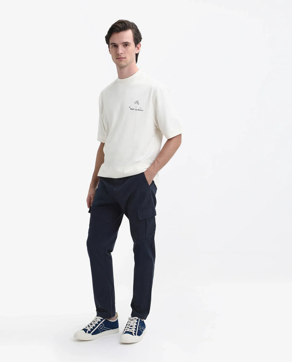 Rare Rabbit Mens Apex Navy Cotton Linen Solid Cargo Style Regular Fit Trouser