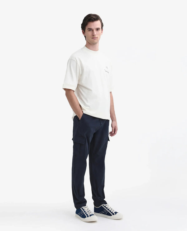 Rare Rabbit Mens Apex Navy Cotton Linen Solid Cargo Style Regular Fit Trouser