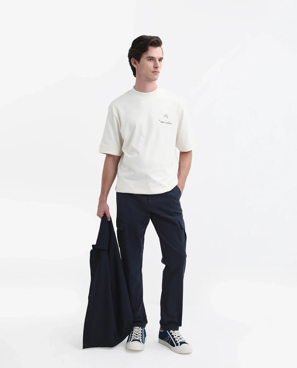 Rare Rabbit Mens Apex Navy Cotton Linen Solid Cargo Style Regular Fit Trouser