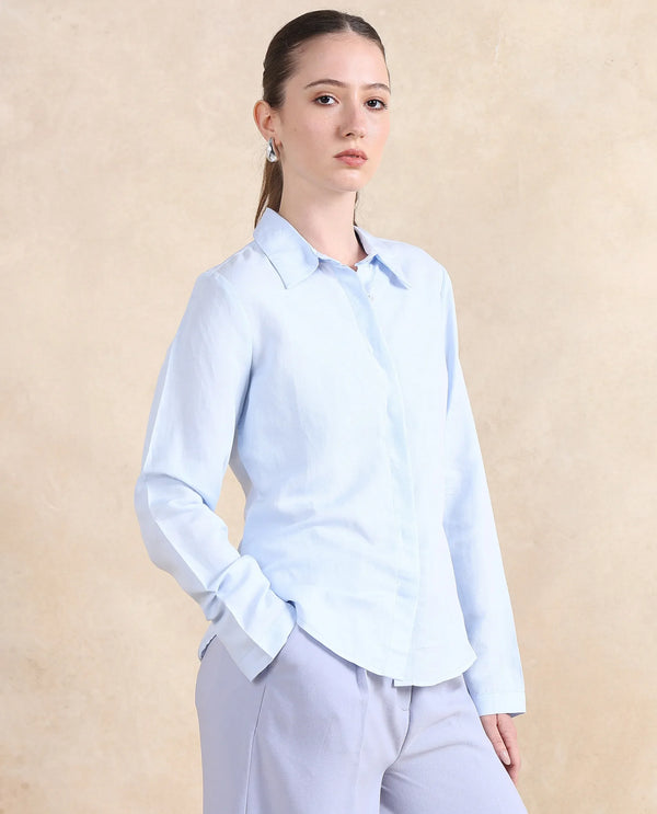 Rareism Women Appleby Blue Cuffed Sleeves Collared Neck Button Closure Plain Shirt